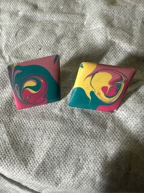 Bright Swirl Enamel Clip-On Earrings — Pink, Teal & Yellow